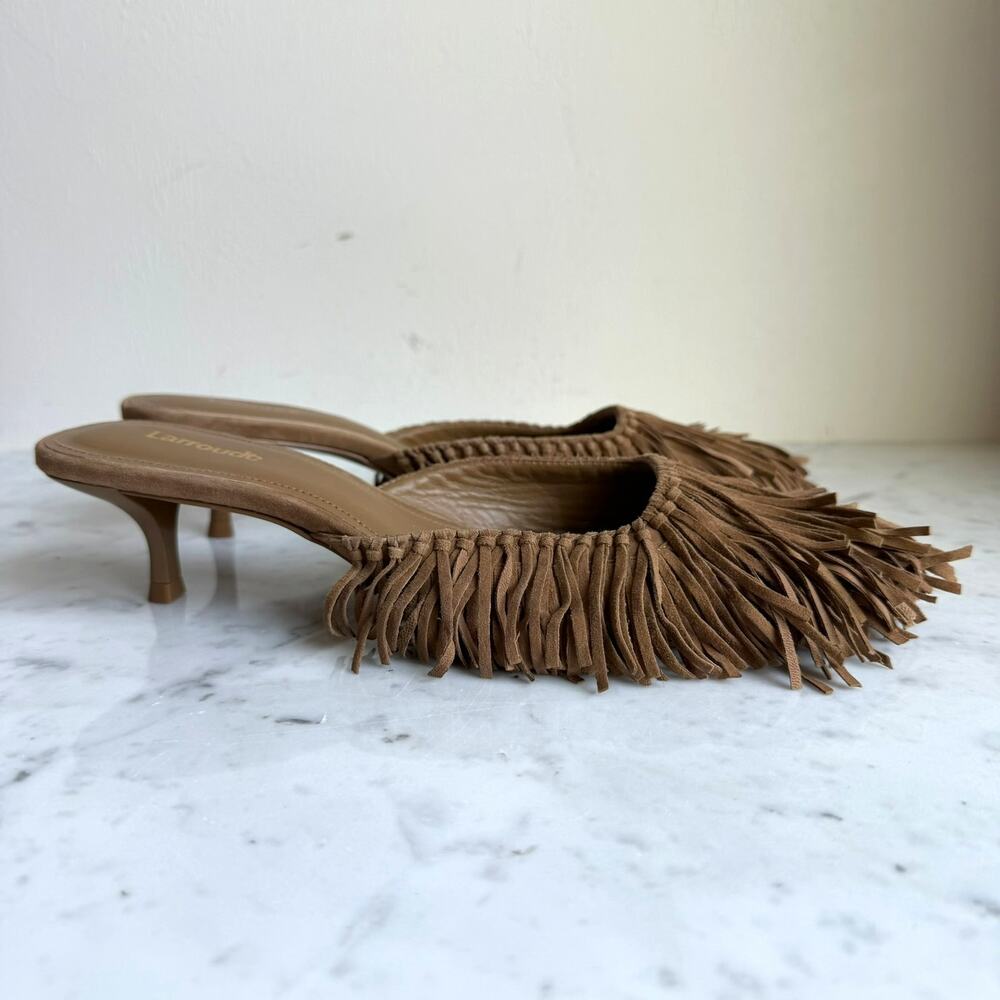 Larroudé Sienna Fringe Suede Mules Tan Kitten Heel Size 8 Handmade Brazil - Picture 6 of 12